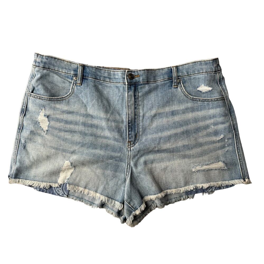 Aerie Women's Blue Bandana Distressed Cut-Off Daydream Denim Short XXL NEW - Picture 2 of 6